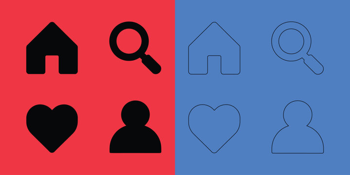 Set of user interface featuring home, search, heart, and user symbols in solid and outline styles