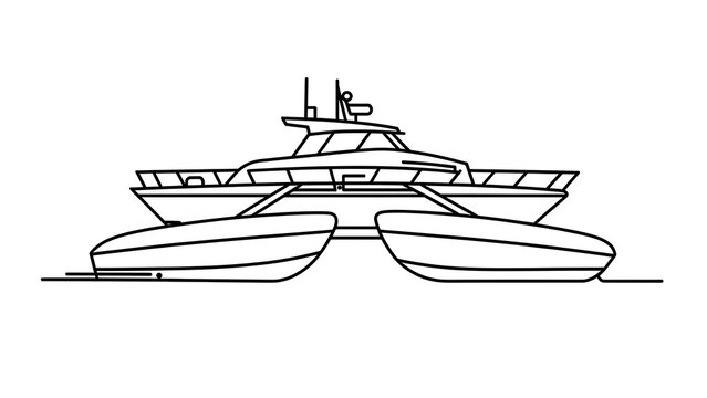 Catamaran ferry line drawing white background.