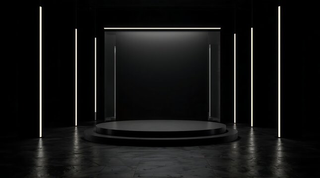 Modern dark stage with podium and spotlights for product presentation.