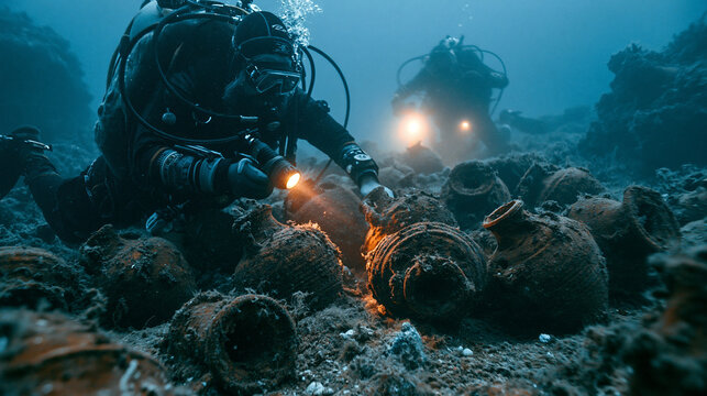 Scuba divers exploring a shipwreck excavation site on the ocean floor with marine archaeology artifacts and underwater lights