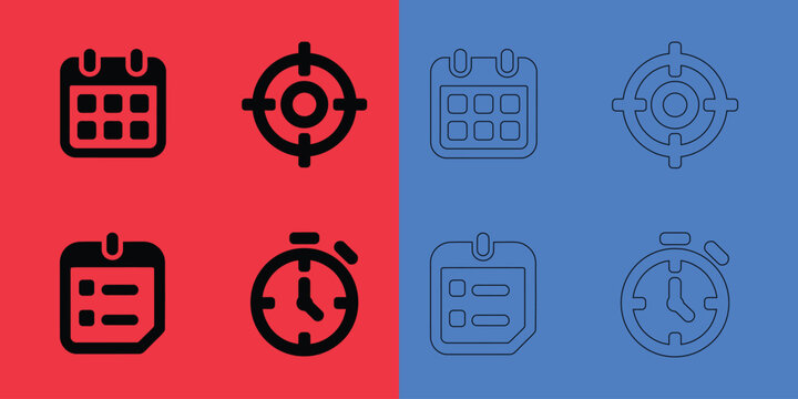 Time management and planning in solid black and thin outline styles on red and blue split background