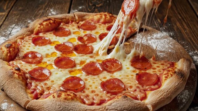 Fresh pepperoni pizza with stretching cheese on rustic wood