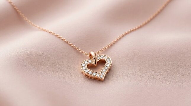 Elegant heart pendant necklace with sparkling stones on soft fabric