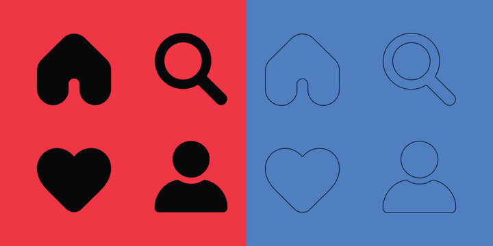 User interface collection featuring home, search, heart, and user symbols in solid and outline styles