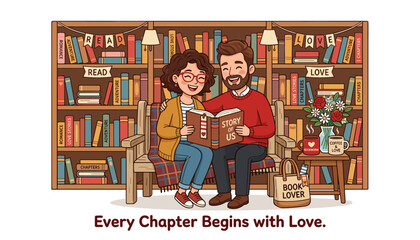 A happy couple reading a book together on a bench in a cozy library setting with bookshelves filled with books and a coffee table © Abraham