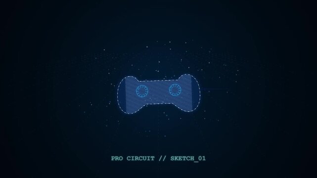 Glowing blue wireframe gaming controller interface animation on grid