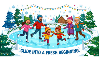 Fototapeta premium Happy family ice skating on a winter rink with christmas trees and lights, celebrating a fresh beginning in a festive snowy landscape illustration