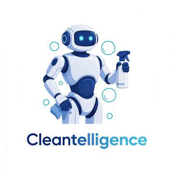 Cleaning robot holding a spray bottle. Automated housekeeping droid with cleaning supplies.