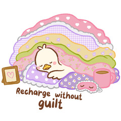 Fototapeta premium Cute Kawaii Long Neck Goose Sleeping Under Cozy Patchwork Blankets with Recharge Without Guilt Self Care Quote Relaxing Bedtime Pastel Illustration