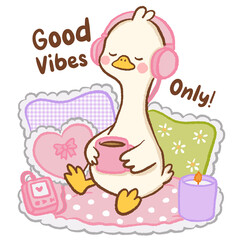 Fototapeta premium Cute Kawaii Long Neck Goose Wearing Cozy Earmuffs Drinking Coffee with Good Vibes Only Relaxing Self Care Pastel Clipart Illustration