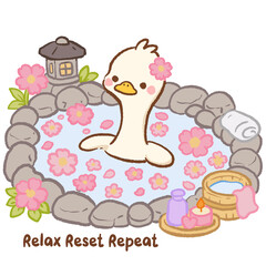 Fototapeta premium Cute Kawaii Long Neck Goose Relaxing in a Flower-Filled Hot Spring with Relax Reset Repeat Self Care Spa Pastel Illustration