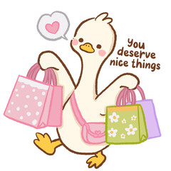 Fototapeta premium Cute Kawaii Long Neck Goose Carrying Shopping Bags with You Deserve Nice Things Self Care Positive Quote Pastel Clipart