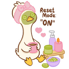 Fototapeta premium Cute Kawaii Long Neck Goose Wearing Cucumber Face Mask with Reset Mode ON Self Care Spa Day Relaxation Pastel Clipart Illustration