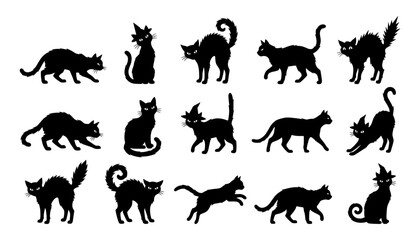 Obraz premium A collection of black cat silhouettes in various poses including sitting walking jumping and arching backs isolated on white background design