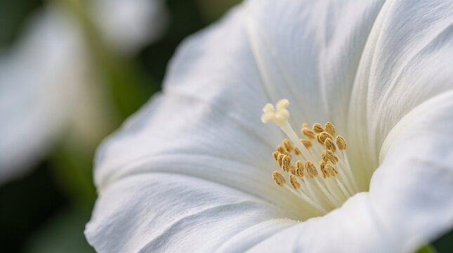 Close-up macro shot of a delicate white morning glory flower with a visible yellow stamen and pistil.