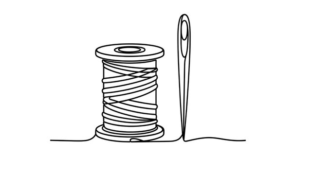 Sewing thread spool and needle on white background.