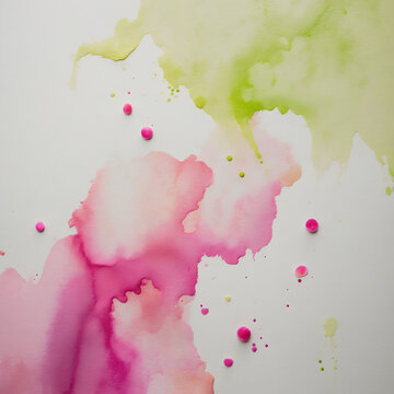 Creative 3D Abstract Background with Raised Soft Paper Contours, Pink Watercolor Wash, and Round Paint Droplets