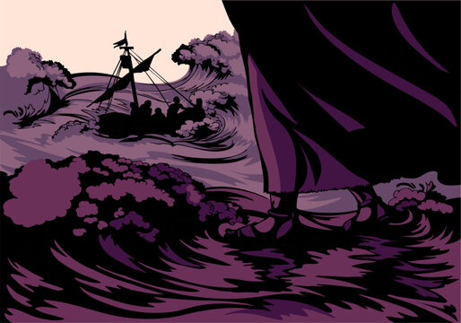 Vector drawing. Jesus walking on waves in a storm