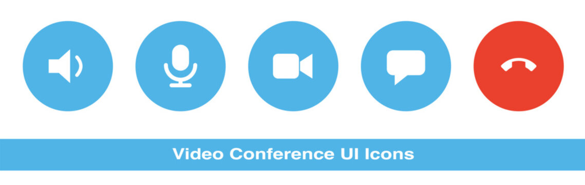video conference control icon row. speaker microphone camera chat and end call buttons. blue circular call function symbols. online meeting toolbar graphic
