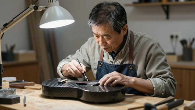 A skilled senior craftsman diligently works on a custom carbon fiber guitar in his workshop. He demonstrates precision and dedication in the intricate process of musical instrument making