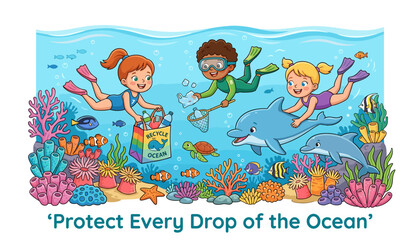 Naklejka premium Cartoon illustration of children cleaning the ocean, collecting plastic waste in a recycle bag while swimming with dolphins and sea creatures, underwater scene