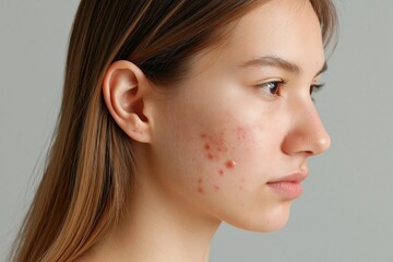 Fototapeta premium Young woman with acne on her face looking to the side in a simple indoor setting