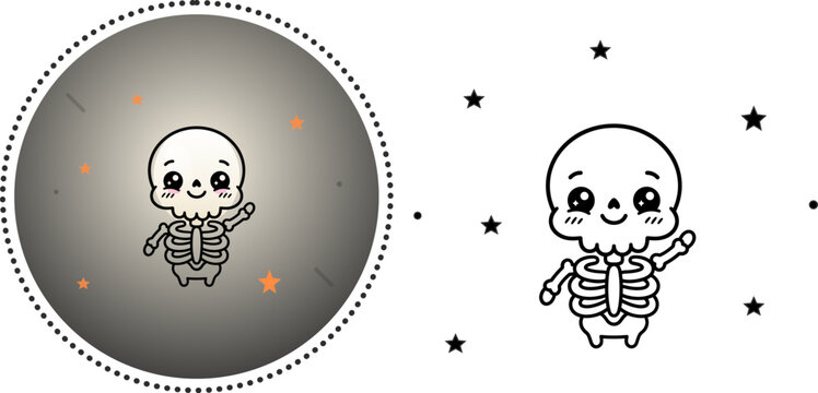 Cute skeleton cartoon character in space with stars
