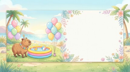 Fototapeta premium Capybara at Beach Party with Balloons and Inflatable Pool