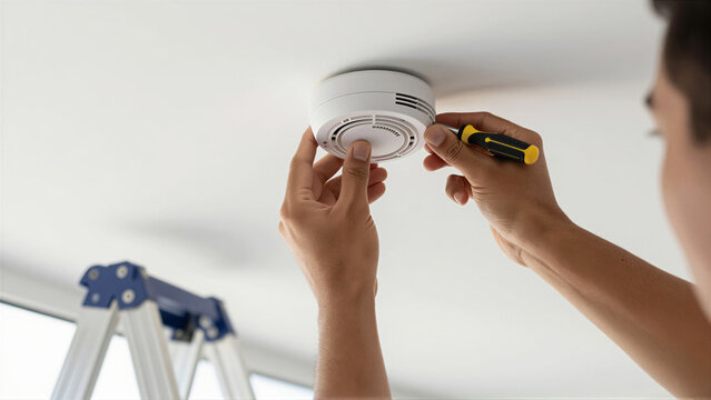 Close-up of a technician installing a smoke detector on a white ceiling using a screwdriver. This fire safety installation provides home protection and emergency prevention in an apartment