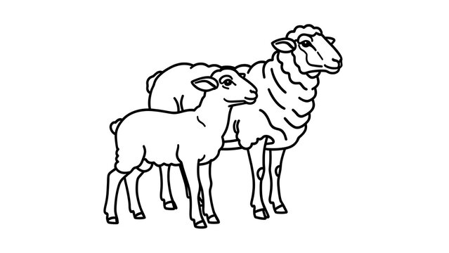 Mother and baby sheep illustration white background.