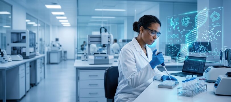 Scientist using pipette for genomics research in automated laboratory