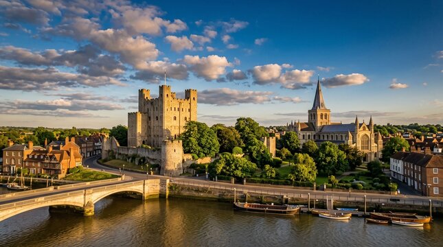 A panoramic view of Arundel Castle and Cathedral by the River Arun under a cloudy sky.