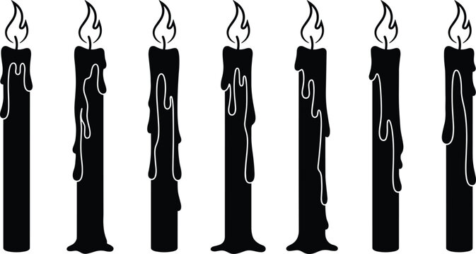 Burning black paraffin candles with dripping hot wax and flame vector illustration isolated on white background icons