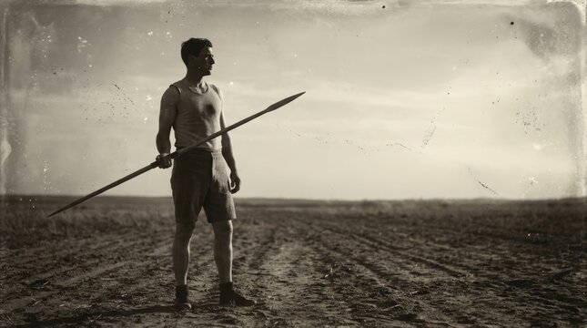 Vintage athlete holding wooden javelin on open field