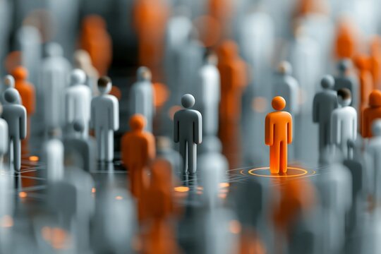 Crowd of figures in gray and orange colors with one orange figure standing out in a busy scene