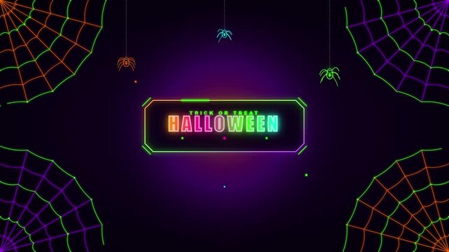 Neon Halloween background with glowing spider webs and hanging spiders for festive holiday design.