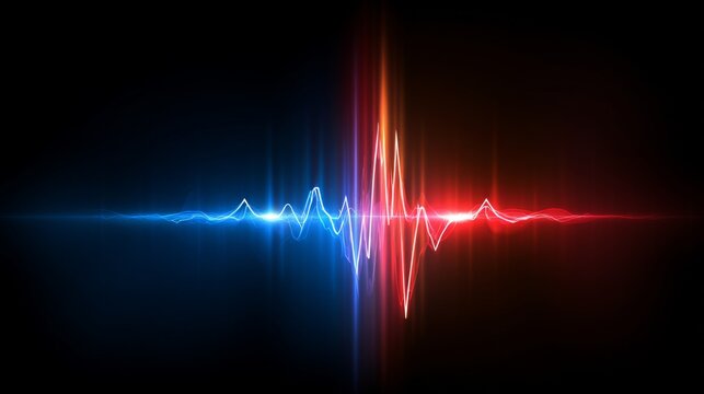 Colorful Sound Waves Illustration with Blue, Red, and White Lights on Black Background for Music, Technology, and Audio Concepts