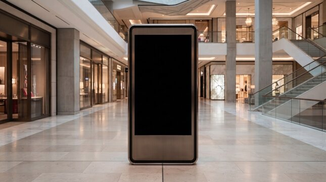 Blank digital directory in luxury mall. Interactive kiosk for advertising and wayfinding.