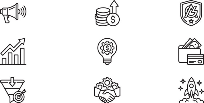 Digital marketing and finance strategy vector icon set with marketing, business