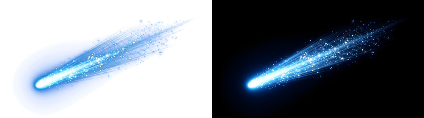 Comet streaking through space with a glowing blue tail and scattered sparkles for graphic design PNG, Transparent and Black Background Versions © Guddoo