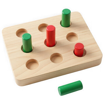 Wooden peg board puzzle with red and green cylinders