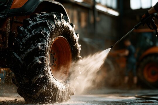 Tractor tire getting washed in a farm shed during daytime with workers nearby engaged in cleaning tasks