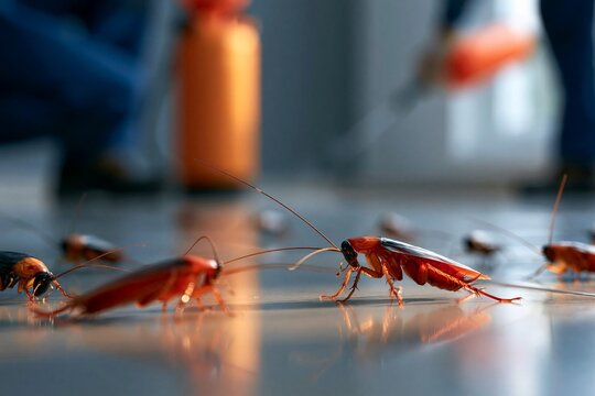 Roaches move across a floor while pest control sprays in a room