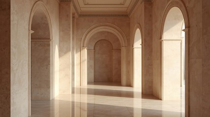 Obraz premium Elegant Hallway with Arches and Sunlight Reflections.
