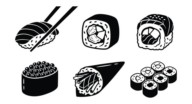 Japanese Sushi And Sashimi Vector Illustrations On White Background
