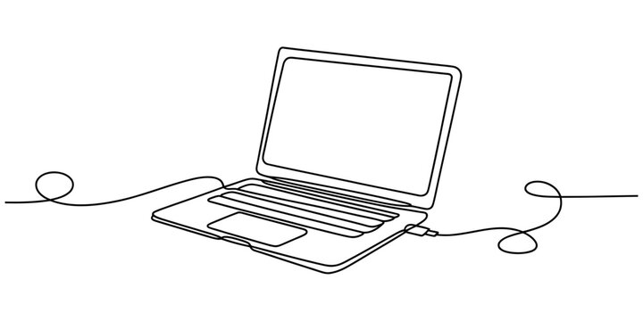Continuous single line drawing of an open laptop computer with a charging cable connected