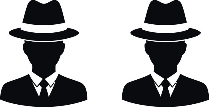 Two black silhouette icons of men wearing fedora hats and suits representing mystery undercover agents or secret detective characters