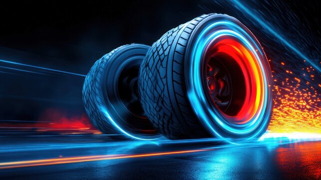 Racing tires in motion, vibrant neon light trails