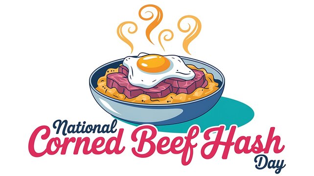 National corned beef hash day festive illustration of a savory meal in a bowl with a fried egg on top, cornedbeef