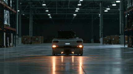 Fototapeta premium Empty warehouse interior at night with concrete floor, shelving and backlit car rear view, motion blur and reflections